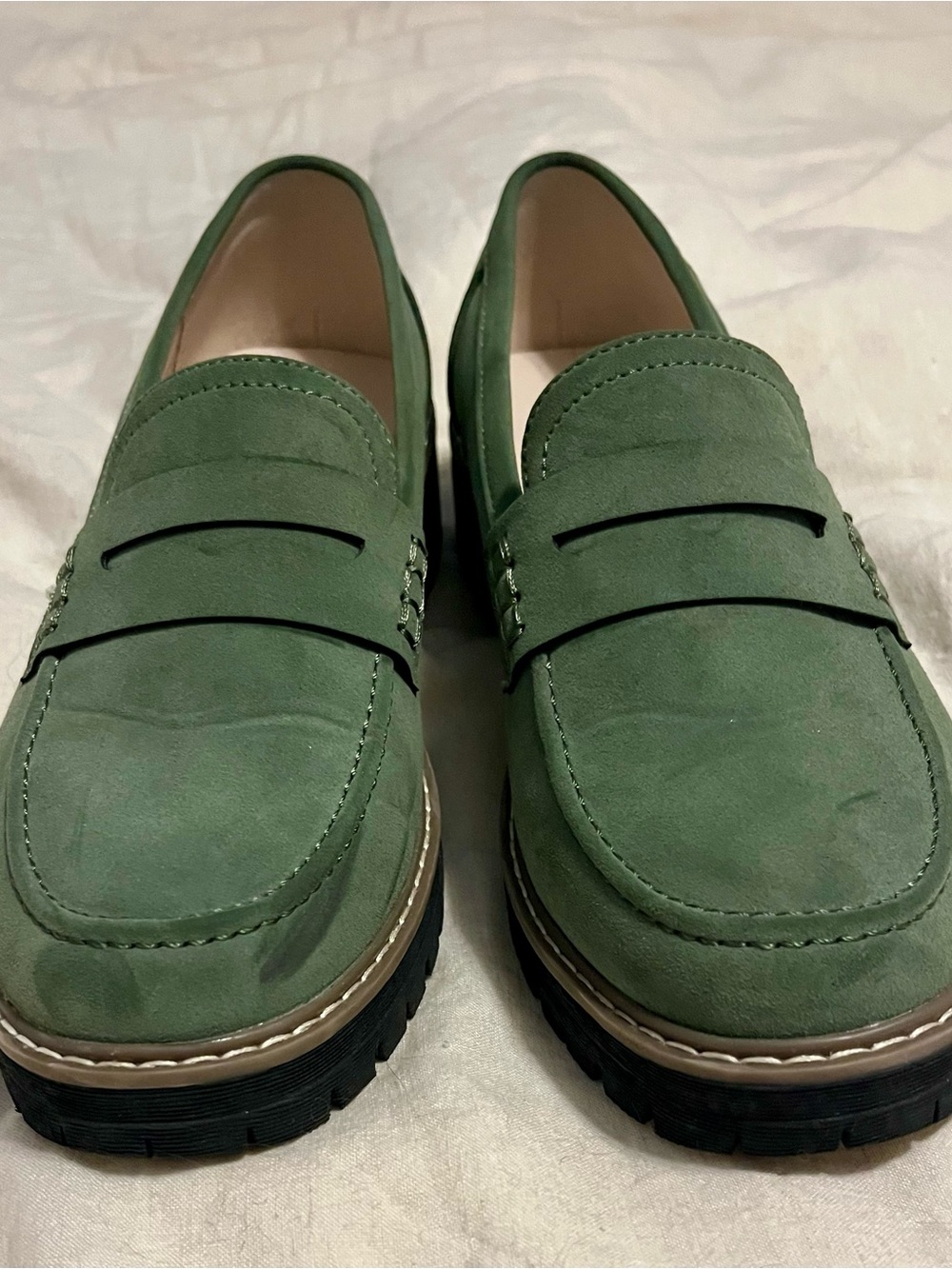 Green Suede Penny Loafers - Women's Flats